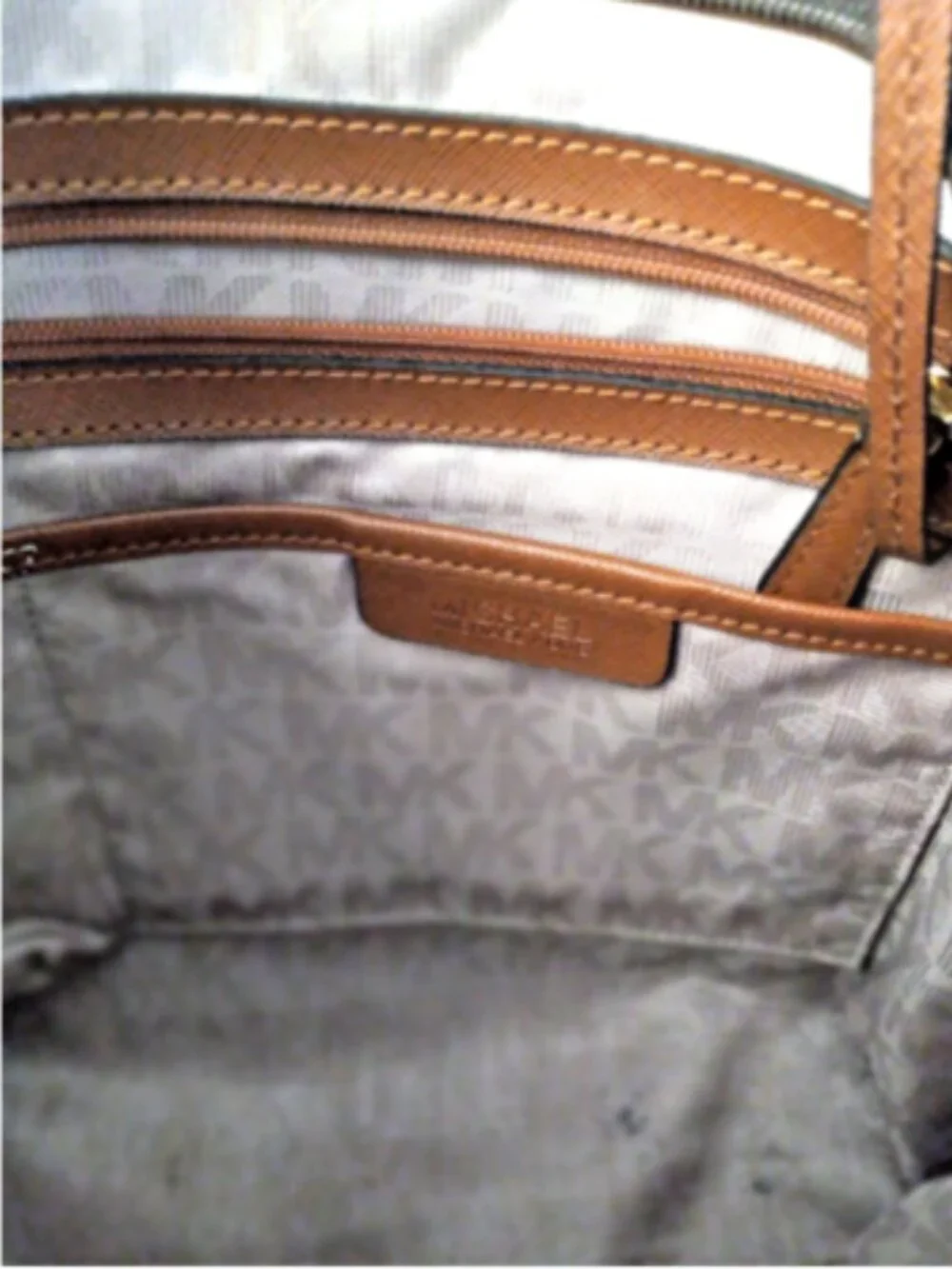 Michael Kors Large Tote Bag Brown MK Signature Logo Gold Charm Zip Top Purse